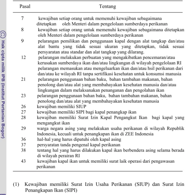 Tabel 8 Pasal dalam Undang-Undang No. 31 Tahun 2004 yang terkait dengan  aspek illegal