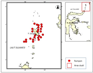 Gambar 4. Posisi rumpon sebagai daerah penangkapan ikan pelagis besar di perairan sekitar Kabupaten Kepulauan Sangihe.