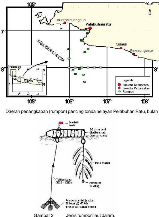 Gambar 1. Daerah penangkapan (rumpon) pancing tonda nelayan Pelabuhan Ratu, bulan Maret 2007.