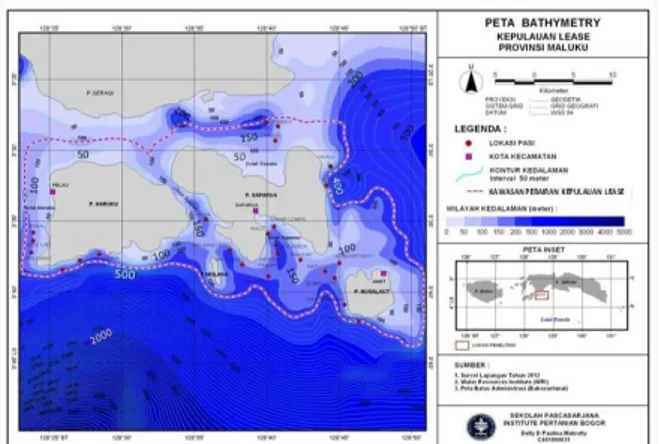 Gambar  1  Profil  bathimetri  dan  distribusi  pasi  di perairan Kepulauan Lease (Februari 2012)