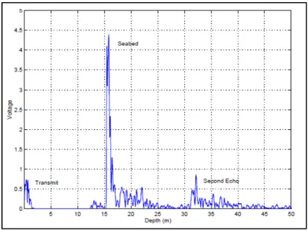 Gambar 9. Echo yang menunjukkan jejak dari pulsa yang dikirim dan dipantulkan  dari dasar laut (Collins dan McConnaughey, 1998) 