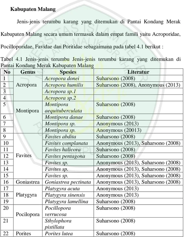 Tabel  4.1  Jenis-jenis  terumbu  Jenis-jenis  terumbu  karang  yang  ditemukan  di  Pantai Kondang Merak Kabupaten Malang 