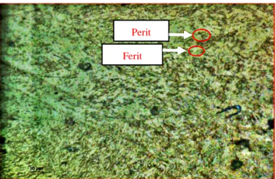 Gambar  3  (b)  merupakan  hasil  uji  struktur  mikro  proses  quench-temper  air  menunjukkan lebih banyak austenit sisa dan  ferit