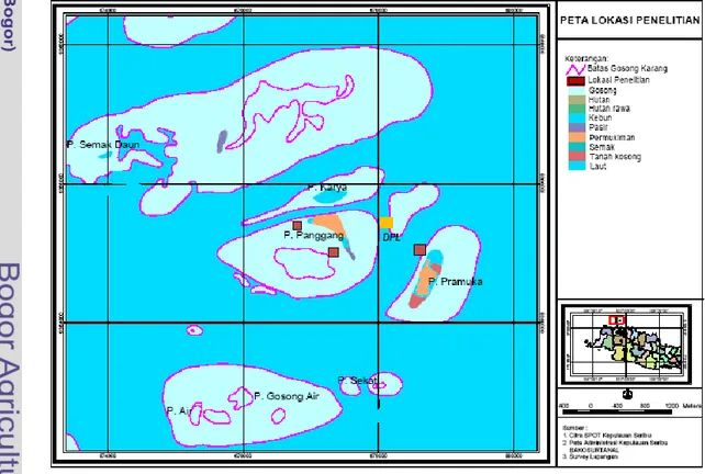 Gambar 7  Peta lokasi penelitian dan pengambilan sampel di perairan P. Pramuka  bagian utara dan P