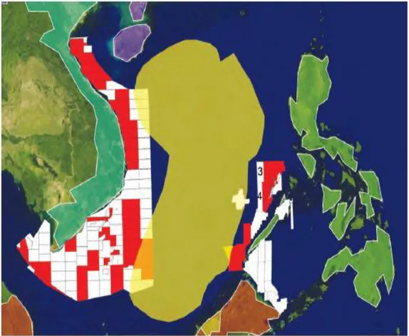 Gambar 5 : Peta Laut Cina Selatan dengan keterangan blok minyak Vietnam dan Filipina yang  diklaim dan diprotes oleh Cina