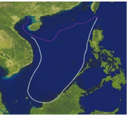 Gambar  2  :  Peta  Laut  Cina  Selatan  dengan    dengan  wilayah  resmi  Cina  dan  wilayah  yang  diklaim berbentuk U