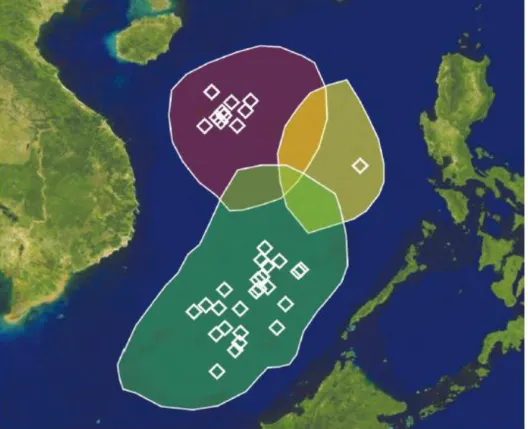 Gambar 4 : Peta Laut  Cina Selatan dengan pembagian gugusan kepulauan Spratly, Paracel dan  Scarborough Shoal