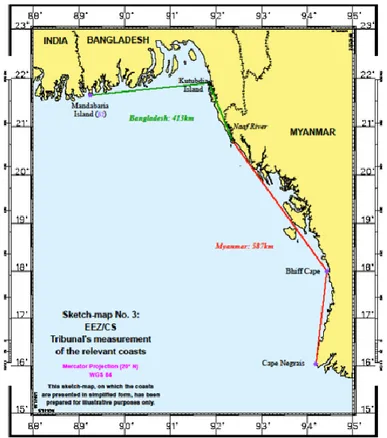 Gambar I.9. Pantai relevan kasus sengketa batas maritim antara Bangladesh dan Myanmar di  Teluk Benggala (ITLOS, 2012) 