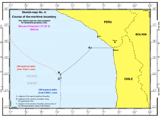 Gambar I.11. Keputusan Mahkamah Internasional untuk sengketa batas maritim antara Chile  dan Peru (ICJ, 2014) 
