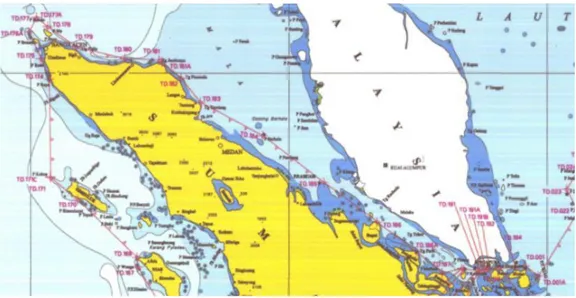 Gambar I.13. Peta ilustrasi garis pangkal kepulauan Indonesia di Selat Malaka (UN, 2012a)  Permasalahan  penggunaan  titik  pangkal  menjadi  isu  penting  dalam  delimitasi  batas  ZEE  di  Selat  Malaka