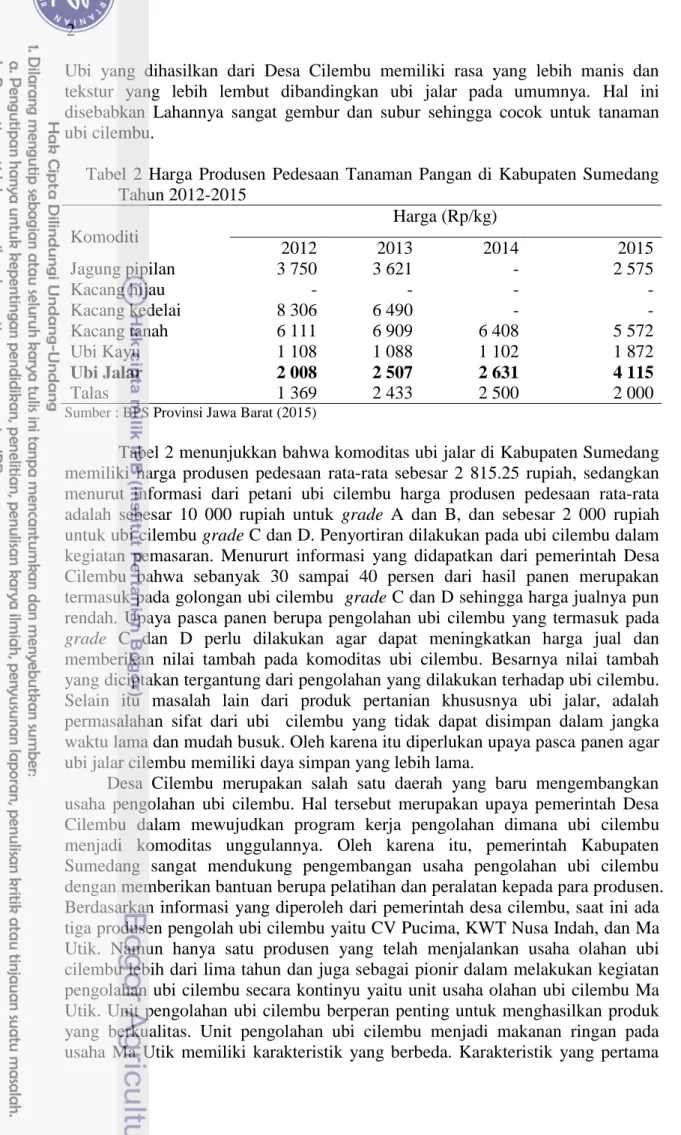 Tabel  2  Harga  Produsen  Pedesaan  Tanaman  Pangan  di  Kabupaten  Sumedang  Tahun 2012-2015  Komoditi  Harga (Rp/kg)  2012  2013  2014  2015  Jagung pipilan  3 750  3 621  -  2 575  Kacang hijau   -  -  -  -  Kacang kedelai   8 306  6 490  -  -  Kacang 