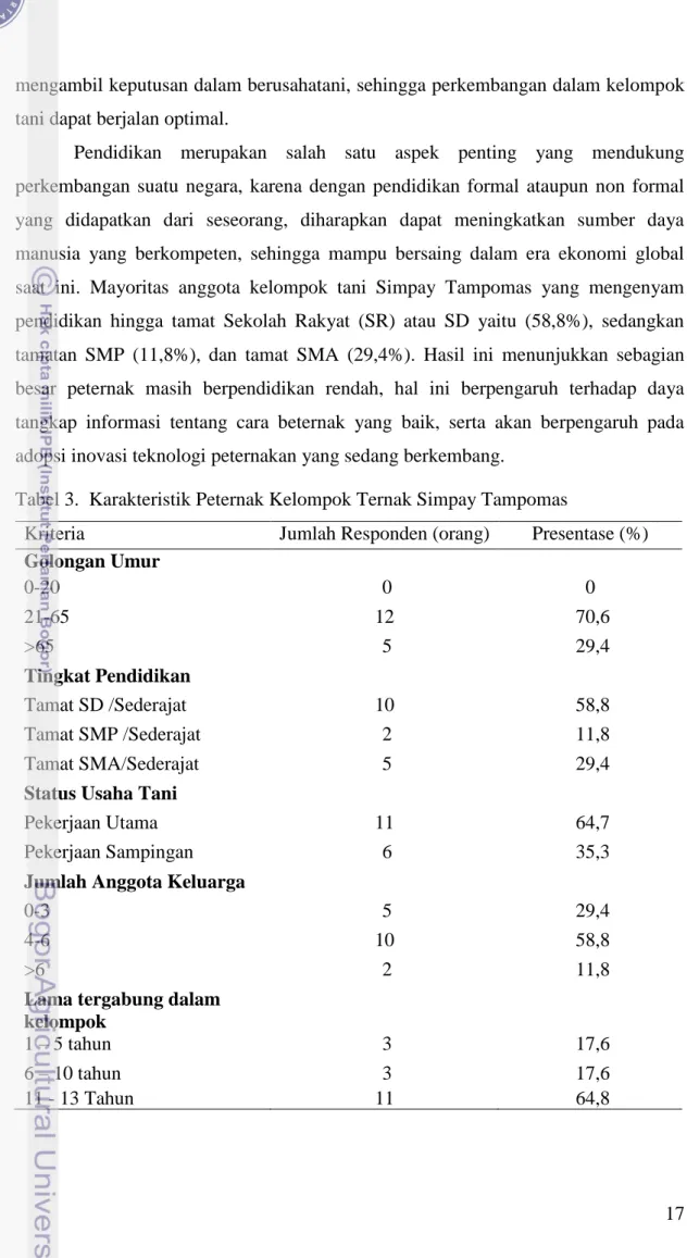 Tabel 3.  Karakteristik Peternak Kelompok Ternak Simpay Tampomas 