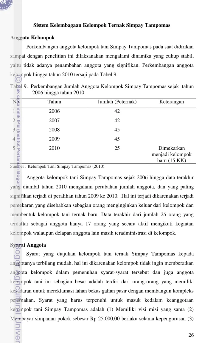 Tabel 9.  Perkembangan Jumlah Anggota Kelompok Simpay Tampomas sejak  tahun  2006 hingga tahun 2010 