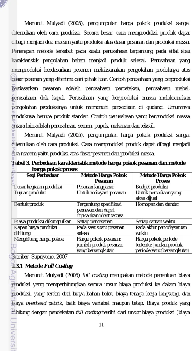 Tabel 3. Perbedaan karakteristik metode harga pokok pesanan dan metode   harga pokok proses 