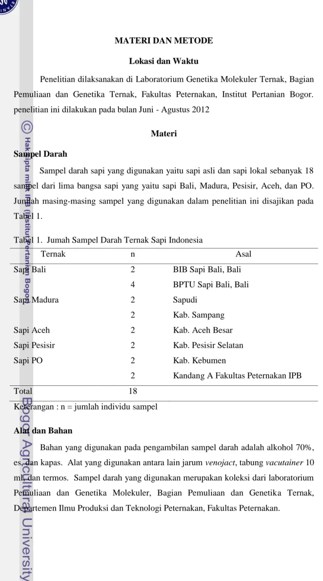 Tabel 1.  Jumah Sampel Darah Ternak Sapi Indonesia 