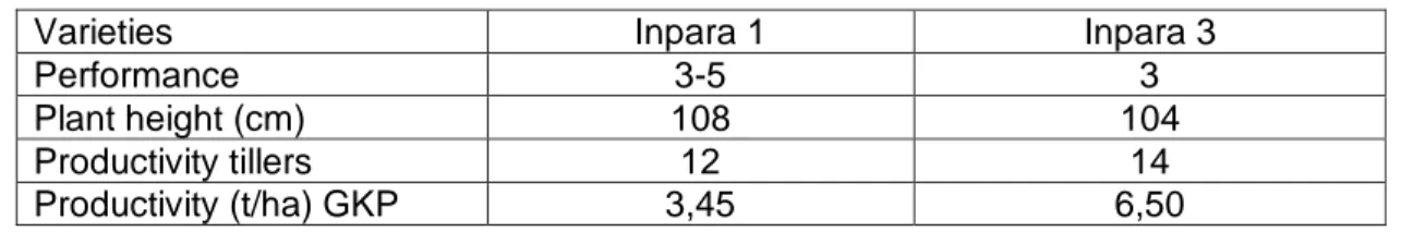 Table 6. Productivity of Inpara 1 and Inpara 3  in tidal swamp land village Ketapang                 sub District Senyerang MH 2011 