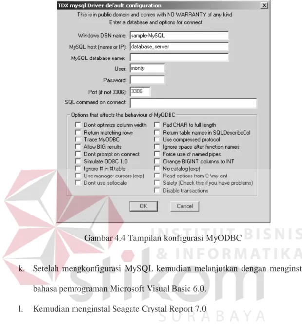 Gambar 4.4 Tampilan konfigurasi MyODBC 