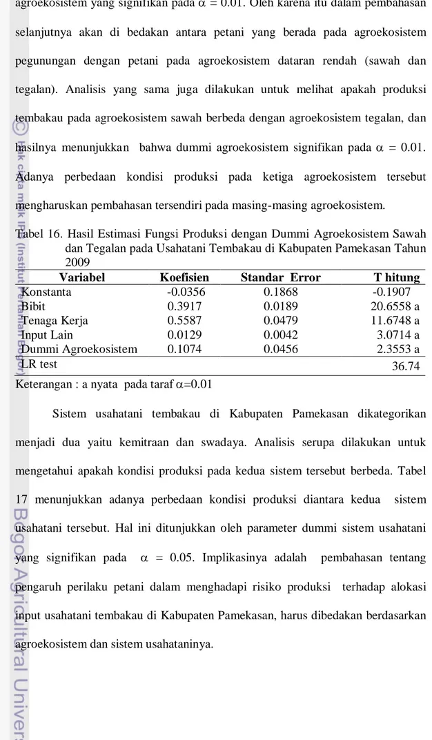 Tabel 16. Hasil Estimasi Fungsi Produksi dengan Dummi Agroekosistem Sawah  dan Tegalan pada Usahatani Tembakau di Kabupaten Pamekasan Tahun  2009 