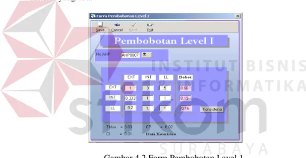 Gambar 4.2 Form Pembobotan Level 1  g.  Proses Pembobotan Level 2 