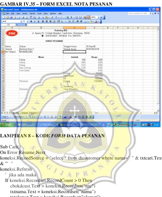 GAMBAR IV.35 – FORM EXCEL NOTA PESANAN 