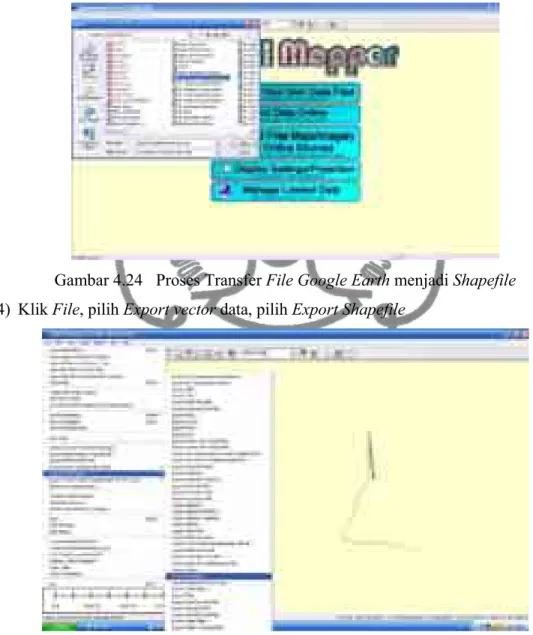 Gambar 4.24  Proses Transfer File Google Earth menjadi Shapefile 4) Klik File, pilih Export vector data, pilih Export Shapefile