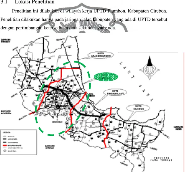 Gambar 3.1 Peta Perbatasan UPTD Bina Marga Kabupaten Cirebon (Anonim,2010e)  Pada UPTD Plumbon ini terdapat 60 ruas jalan kabupaten dengan 10 ruas  jalan strategis dan 50 ruas jalan lintas umum
