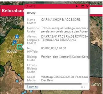 Gambar 9. Contoh Informasi Pada WebGIS Infrastruktur dan Potensi Kelurahan  Rowosari 