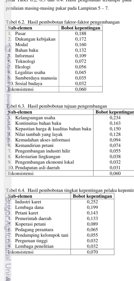 Tabel 6.2.  Hasil pembobotan faktor-faktor pengembangan  Sub-elemen  Bobot kepentingan 