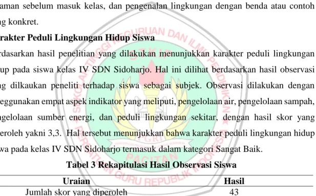 Tabel 3 Rekapitulasi Hasil Observasi Siswa 