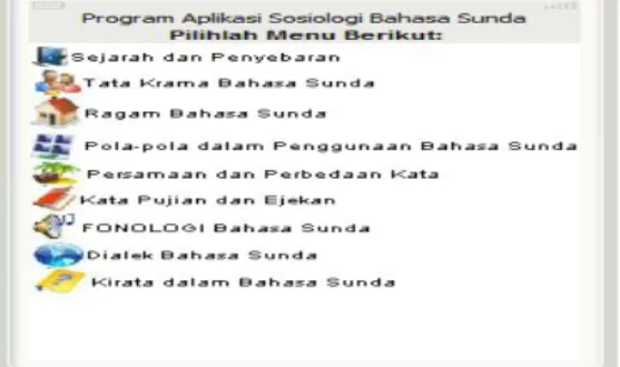 Gambar 9 Pilihan Menu Aplikasi Sosiologi Bahasa Sunda 5.3.4. Rancangan Antarmuka Tentang Program