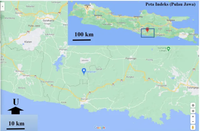 Gambar 1. Peta lokasi daerah/prospek Hargosari di Kecamatan Tirtomoyo, Kabupaten Wonogiri,  Provinsi Jawa Tengah (https://www.google.com/maps)