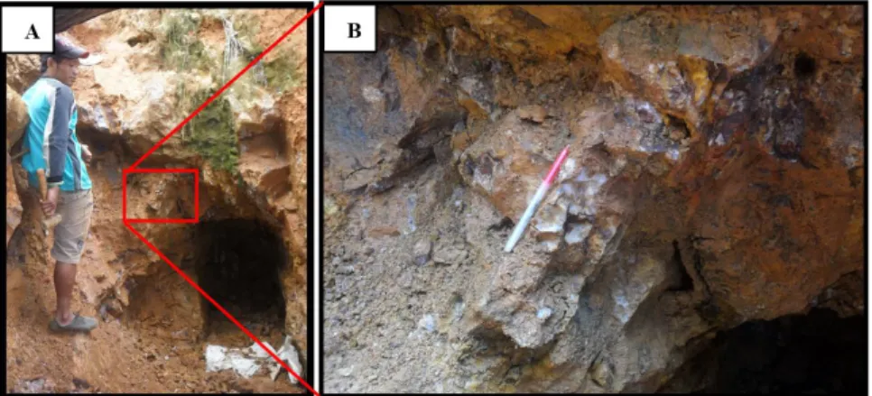 Gambar 5. Kenampakan urat kuarsa pembawa emas pada dinding depan tambang/terowongan rakyat (A)  dan closed up urat kuarsa tersebut dengan struktur massif (B)