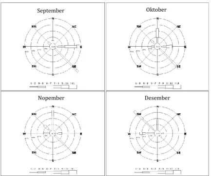Gambar  3.6. Windrose rerata bulanan (1977 – 1997) hasil analisis data 