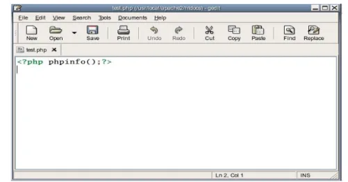 Gambar 9. Script php sederhana untuk mengecek keberhasilan instalasi php   14.  Bukalah  web  browser  misalnya  Firefox  dan  ketiklah 
