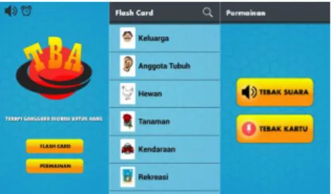 Gambar 7 Tampilan awal aplikasi, menu flash card, dan permainan 