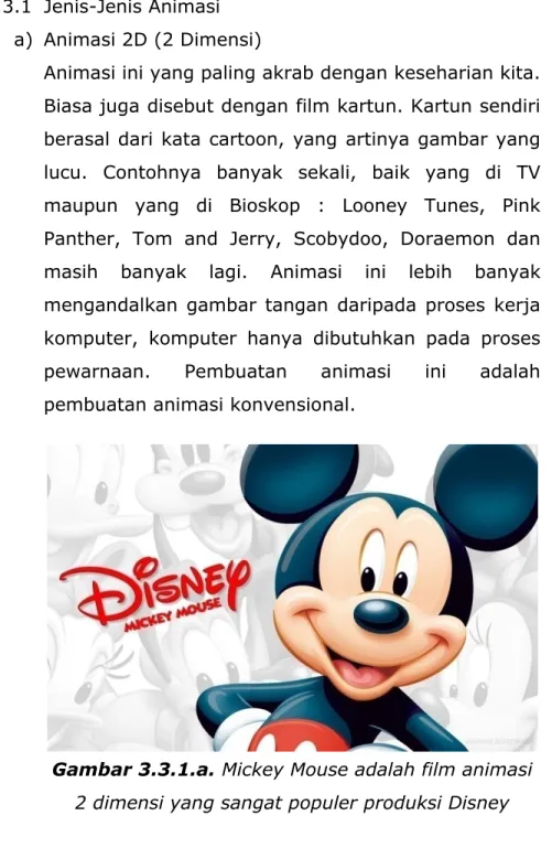 Gambar 3.3.1.a. Mickey Mouse adalah film animasi  2 dimensi yang sangat populer produksi Disney 