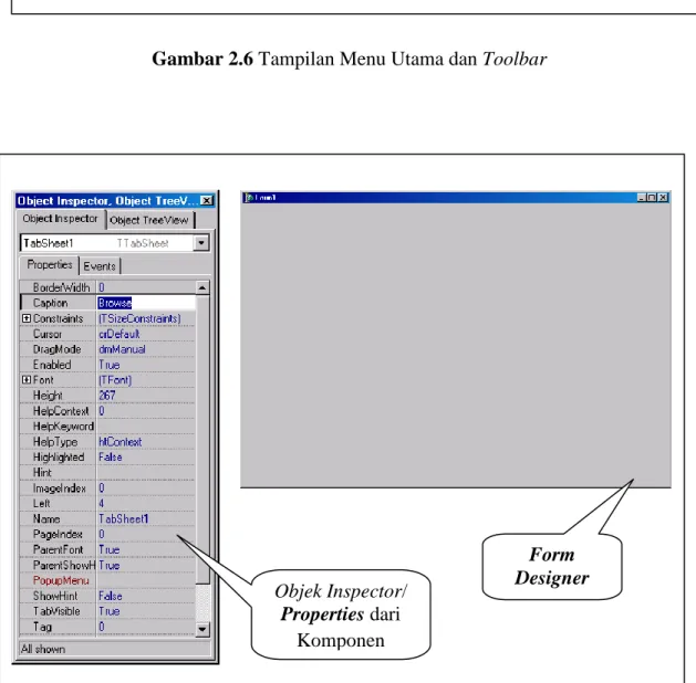 Gambar 2.7 Tampilan Objek Inspector dan Form Delphi Daftar Komponen Objek Inspector/ Properties dari Komponen Form  Designer 