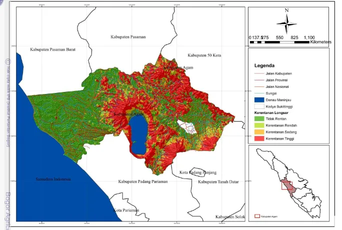 Gambar 11 Peta kerentanan longsor (landslide susceptibility) di Kabupaten Agam 