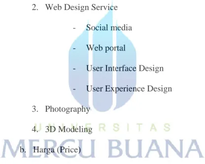 Graphic  design  service  berkisar  15-400  juta,  web  design  service 15- 350 juta, Photography 15-300 juta dan 3D modeling  15-400 juta