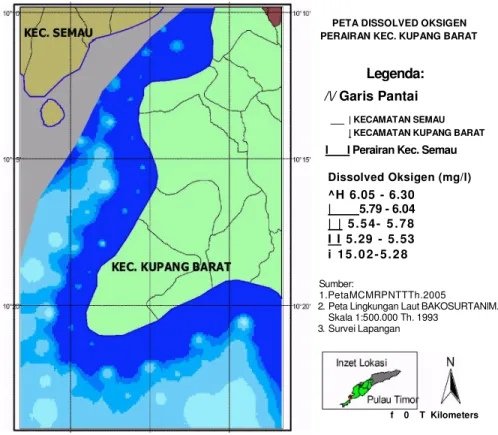 Gambar 14. Peta tematik oksigen terlarut perairan Kecamatan Kupang Barat