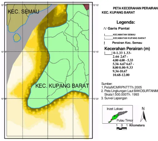 Gambar 10. Peta tematik kecerahan perairan Kecamatan Kupang Barat
