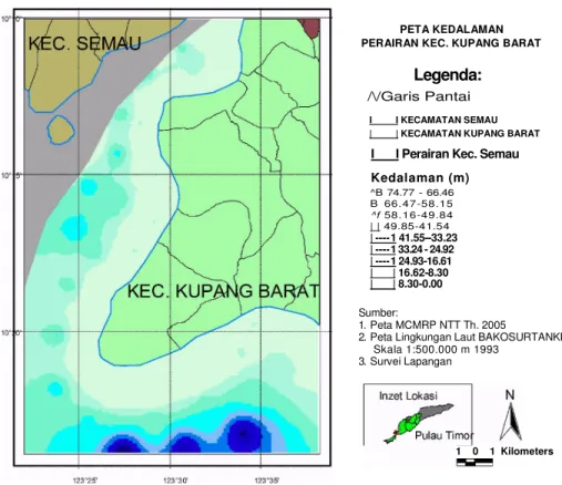Gambar 12. Peta tematik kedalaman perairan Kecamatan Kupang Barat