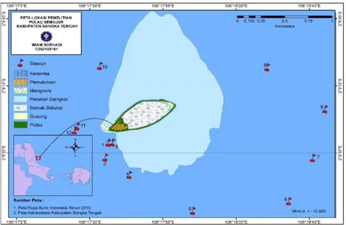 Gambar 1. Peta lokasi penelitian di Pulau Semujur, Kabupaten Bangka Tengah 