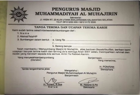 Gambar  4.1.  Nota  Penerimaan  sumbangan  Masjid  Muhammadiyah Al Muhajirin. 