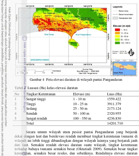 Gambar 4  Peta elevasi daratan di wilayah pantai Pangandaran 