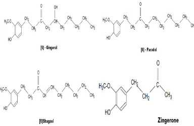 Gambar 3.  Struktur Kandungan Kimia dari Jahe (Zingiber officinale Roscoe) (Singh and Shukla, 2007)  