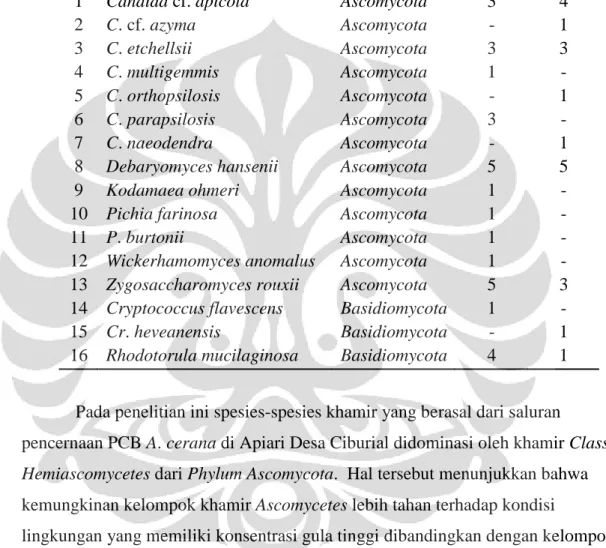 Tabel 4.2.1. Spesies-spesies khamir yang diperoleh dari saluran pencernaan   A. cerana di Apiari Desa Ciburial, Kabupaten Bandung 