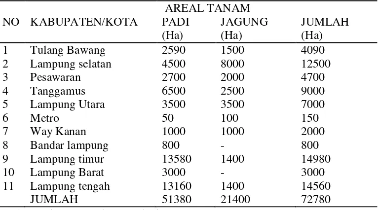 Tabel 2. Jumlah luas Areal Tanam Padi dan Jagung di Provinsi Lampung Pada     Musim Tanam Tahun 2012 