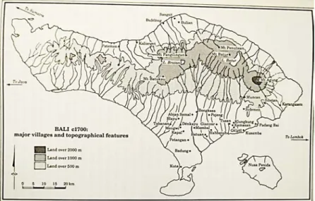 Gambar 1. Topografi Pulau Bali tahun 1700  Sumber: Vickers, 1989, p. 37. 