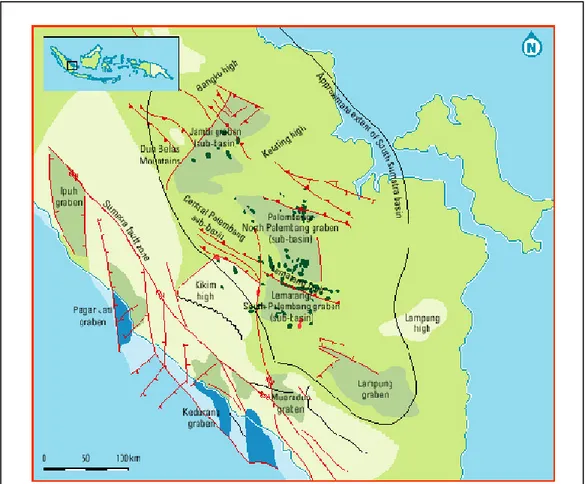 Gambar 3.1 Geologi regional Cekungan Sumatra Selatan (Pertamina report, 1998) 